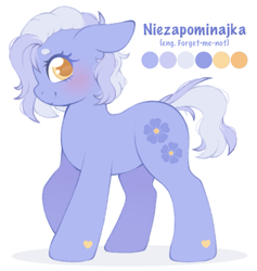 Size: 1861x1959 | Tagged: safe, artist:adostume, derpibooru import, oc, oc only, oc:niezapominajka, earth pony, blushing, color palette, cutie mark, digital art, looking at you, messy mane, raised hoof, raised leg, reference sheet, simple background, standing, white background