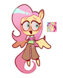 Size: 928x1134 | Tagged: safe, artist:lizbee0820, derpibooru import, fluttershy, anthro, pegasus, plantigrade anthro, pony, g4, blushing, clothes, colored eyebrows, cutie mark on clothes, ear blush, hands behind back, looking away, open mouth, open smile, outline, pants, pink hair, pink tail, screencap reference, shirt, simple background, smiling, solo, spread wings, tail, teal eyes, white background, wingding eyes, wings, yellow coat