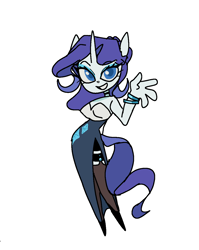 Size: 1030x1293 | Tagged: safe, artist:lizbee0820, derpibooru import, rarity, anthro, plantigrade anthro, pony, unicorn, g4, blue eyes, bracelet, choker, clothes, dress, eyeshadow, female, grin, horn, jewelry, makeup, purple hair, purple tail, simple background, smiling, solo, stockings, tail, teeth, thigh highs, waving, wavy hair, wavy tail, white background