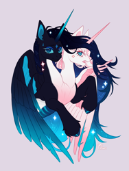 Size: 3000x4000 | Tagged: safe, artist:miurimau, derpibooru import, oc, oc only, alicorn, pony, alicorn oc, bust, commission, conjoined, conjoined twins, constellation hair, duo, duo female, ethereal mane, female, gray background, high res, horn, looking at you, mare, multiple heads, open mouth, simple background, starry mane, two heads, two heads are better than one, two heads are sexier than one, wings