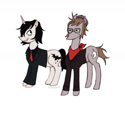 Size: 1849x1681 | Tagged: safe, artist:dunderbread, derpibooru import, pony, unicorn, bandana, beanie, black mane, brothers, brown mane, clothes, cutie mark, duo, eyelashes, gerard way, glasses, grin, hat, horn, jacket, makeup, male, mikey way, my chemical romance, narrowed eyes, necktie, no mouth, ponified, shirt, siblings, simple background, smiling, species swap, stallion, standing, sweat, sweatdrop, white background