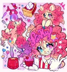 Size: 1913x2048 | Tagged: safe, artist:gochiitears, derpibooru import, pinkie pie, earth pony, human, g4, abstract background, alternate design, ball, balloon, balloon animal, circus, clothes, clown, clown makeup, colored hooves, cupcake, food, gloves, grin, juggling, makeup, pie, smiling, stars