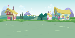 Size: 3094x1587 | Tagged: safe, artist:culu-bluebeaver, derpibooru import, edit, background, cloud, digital, digital art, flower, hill, houses, mountain, no pony, ponyville, scenery, tree, vector, vector edit