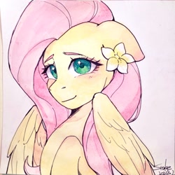 Size: 2421x2421 | Tagged: safe, artist:xiaowu07, derpibooru import, fluttershy, pegasus, pony, g4, blushing, bust, cute, ears, female, floppy ears, flower, flower on ear, high res, looking at you, mare, partially open wings, shy, shyabetes, simple background, smiling, smiling at you, solo, three quarter view, traditional art, white background, wings