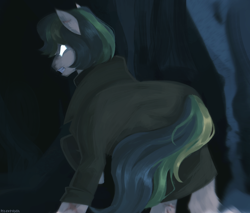 Size: 1622x1384 | Tagged: safe, artist:pigeorgien, derpibooru import, oc, oc:springmarine gulfstream, earth pony, pony, angry, cave, clothes, coat, female, glowing, glowing eyes, lineless, mare, solo