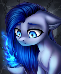 Size: 3200x3885 | Tagged: safe, artist:megabait, derpibooru import, oc, oc only, oc:lina, oc:lina firesoul, broken, bust, chains, ears, fire, floppy ears, portrait, sad