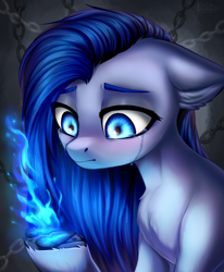 Size: 3200x3885 | Tagged: safe, alternate version, artist:megabait, derpibooru import, oc, oc only, oc:lina, oc:lina firesoul, blushing, broken, bust, chains, crying, ears, fire, floppy ears, portrait, sad