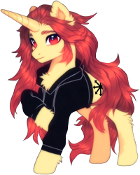Size: 772x963 | Tagged: safe, ai content, derpibooru import, generator:pony diffusion v6 xl, generator:stable diffusion, machine learning generated, oc, oc only, oc:al patchy, pony, unicorn, big horn, black sweatshirt, chaos, chaos star, chest fluff, cloth, cute, cutie mark, detailed mane, ear fluff, ears, fluffy, hoof fluff, horn, long mane, prompter:endronist, raised hoof, raised leg, red eyes, red mane, simple background, smiling, smirk, sweatshirt, transparent background, yellow body