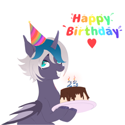 Size: 3072x3072 | Tagged: safe, artist:cryweas, derpibooru import, oc, oc only, oc:elizabat stormfeather, alicorn, bat pony, bat pony alicorn, pony, alicorn oc, bat pony oc, bat wings, birthday, birthday cake, birthday gift, cake, chocolate, female, food, grin, hat, heart, horn, mare, party hat, plate, simple background, smiling, solo, white background, wings
