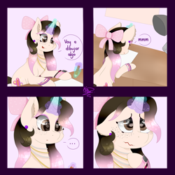 Size: 2000x2000 | Tagged: safe, artist:kathepart, derpibooru import, oc, oc:kinna-ca, unicorn, bracelet, collar, comic, dialogue, ear piercing, earring, hair bun, jewelry, magic, piercing, sad