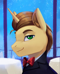 Size: 2511x3062 | Tagged: safe, artist:mrscroup, derpibooru import, donut joe, pony, unicorn, equestria at war mod, g4, bowtie, bust, clothes, con mane, male, portrait, solo, stallion