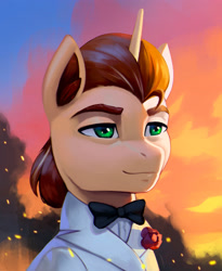 Size: 2511x3062 | Tagged: safe, artist:mrscroup, derpibooru import, donut joe, pony, unicorn, equestria at war mod, g4, bowtie, bust, clothes, con mane, james bond, male, portrait, solo, stallion