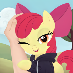 Size: 2048x2048 | Tagged: source needed, safe, ai content, derpibooru import, machine learning assisted, machine learning generated, apple bloom, earth pony, human, pony, g4, clothes, cloud, eyelashes, female, filly, foal, hand, hoodie, looking at you, offscreen character, one eye closed, open mouth, petting, pov, prompter needed, smiling, smiling at you, tree