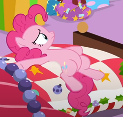 Size: 443x421 | Tagged: safe, derpibooru import, screencap, pinkie pie, earth pony, pony, best gift ever, g4, bed, belly, cropped, lying down, solo