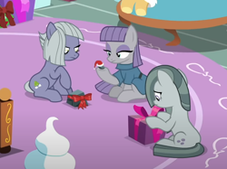 Size: 706x527 | Tagged: safe, derpibooru import, screencap, limestone pie, marble pie, maud pie, earth pony, pony, best gift ever, g4, boulder (g4), cropped, pie sisters, rock, siblings, sisters, trio