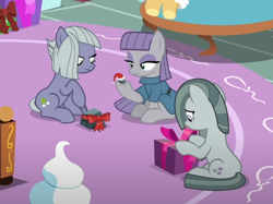 Size: 706x527 | Tagged: safe, derpibooru import, screencap, boulder (pet), limestone pie, marble pie, maud pie, earth pony, pony, best gift ever, g4, cropped, pie sisters, rock, siblings, sisters, trio