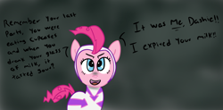 Size: 1000x490 | Tagged: safe, artist:wanda, derpibooru import, fili-second, pinkie pie, earth pony, pony, g4, clothes, costume, dialogue, evil, female, power ponies, pure unfiltered evil, solo, text