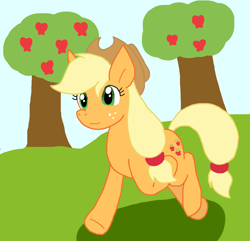 Size: 1164x1124 | Tagged: safe, artist:cmara, derpibooru import, applejack, earth pony, pony, g4, apple, female, food, solo, sweet apple acres, tree