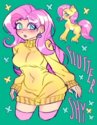 Size: 2282x2954 | Tagged: safe, artist:minky_uwu_p, derpibooru import, fluttershy, butterfly, human, pegasus, pony, g4, blushing, breasts, clothes, ear piercing, earring, eye clipping through hair, female, folded wings, hootershy, human ponidox, jewelry, looking at you, midriff, open mouth, painted nails, piercing, self paradox, self ponidox, simple background, socks, solo, sweater, sweatershy, teal background, text, thigh highs, unshorn fetlocks, wings