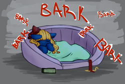 Size: 943x635 | Tagged: safe, artist:ghostyglue, derpibooru import, oc, oc only, oc:ghostyglue, oc:snus, earth pony, annoyed, blanket, blue fur, candle, clone, dog bed, funny, hat, nightcap, offscreen character, sleepy, solo, yellow mane