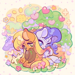 Size: 2048x2048 | Tagged: safe, artist:yanyannonoz, derpibooru import, applejack, rarity, earth pony, pony, unicorn, g4, alternate hairstyle, applejack's hat, blue eyes, bow, bracelet, bubble, building, clothes, colored eartips, colored hooves, colored pinnae, cowboy hat, cute, cutie mark, duo, duo female, ear piercing, earring, f4, female, fence, flower, freckles, grass, green eyes, hair, hat, heart, holding, horn, jackabetes, jewelry, lesbian, long mane, looking at each other, looking at someone, mare, mouth hold, multicolored eyes, piercing, purple mane, raribetes, rarijack, shipping, sitting, smiling, sun, tail, tree, unshorn fetlocks, wavy mane, wingding eyes, yellow mane, yellow tail