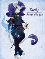 Size: 1274x1675 | Tagged: safe, artist:ambris, derpibooru import, rarity, anthro, classical unicorn, unguligrade anthro, unicorn, g4, adventuring is magic, alternate hairstyle, belly button, bodysuit, clothes, cloven hooves, colored pupils, fantasy class, female, horn, leonine tail, looking at you, multiple variants, rapier, rogue, smiling, smirk, solo, sword, tail, unshorn fetlocks, weapon