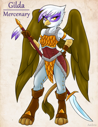 Size: 1275x1650 | Tagged: safe, artist:ambris, derpibooru import, gilda, anthro, griffon, g4, 2015, adventuring is magic, armor, clothes, colored pupils, fantasy class, female, glaive, looking at you, mercenary, multiple variants, old art, solo, spread wings, weapon, wings