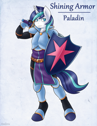 Size: 1275x1650 | Tagged: safe, artist:ambris, derpibooru import, shining armor, anthro, unguligrade anthro, unicorn, g4, 2016, adventuring is magic, armor, colored pupils, fantasy class, knight, looking at you, male, old art, paladin, shield, solo, sword, warrior, warrior shining armor, weapon