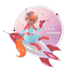 Size: 5541x5402 | Tagged: safe, artist:twisoft, derpibooru import, oc, oc only, oc:autumn breeze, earth pony, pony, astral, female, human shoulders, latex, mare, pinup, ray gun, retro, rocket, science fiction, simple background, solo, spacesuit, stars, transparent background