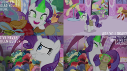 Size: 2000x1125 | Tagged: safe, derpibooru import, edit, edited screencap, editor:quoterific, screencap, rarity, spike, dragon, pony, unicorn, g4, inspiration manifestation, season 4, bag, book, carousel boutique, crazy face, duo, duo male and female, eyeshadow, faic, female, glowing, glowing eyes, green eyes, grin, insanity, inspirarity, makeup, male, mannequin, mare, messy, messy mane, messy tail, possessed, saddle bag, smiling, spellbook, tail