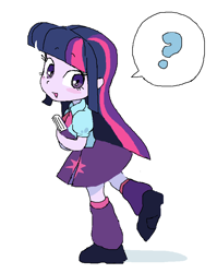 Size: 714x896 | Tagged: safe, artist:cheesesauce_45, derpibooru import, twilight sparkle, human, equestria girls, g4, blush sticker, blushing, book, female, looking at you, looking back, looking back at you, open mouth, open smile, question mark, simple background, smiling, solo, speech bubble, standing, standing on one leg, white background