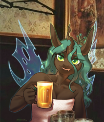 Size: 4259x5000 | Tagged: safe, artist:helemaranth, derpibooru import, queen chrysalis, anthro, changeling, changeling queen, absurd resolution, alcohol, beer, breasts, cleavage, clothes, eyelashes, fangs, female, green eyes, insect wings, long ears, looking at you, meme, nail polish, nails, ponified, ponified meme, real life background, signature, smiling, smiling at you, solo, towel, wavy hair, wings