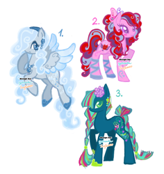 Size: 1280x1354 | Tagged: safe, artist:eyerealm, artist:junglicious64, derpibooru import, oc, oc only, butterfly, earth pony, pegasus, pony, adoptable, ballet slippers, blue eyes, blue mane, blue tail, blushing, braid, braided tail, clothes, coat markings, colored eyelashes, colored hooves, colored wings, colored wingtips, curly hair, curly mane, curly tail, cutie mark, ear piercing, earring, eyelashes, flower, flower in hair, flying, frown, green eyes, hair over one eye, headband, jewelry, multicolored mane, multicolored tail, necklace, no mouth, piercing, pink eyes, raised hoof, raised leg, shoes, signature, simple background, smiling, spread wings, standing, staring at you, tail, trio, two toned wings, white background, wingding eyes, wings