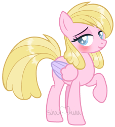 Size: 1293x1422 | Tagged: safe, artist:sinamuna, derpibooru import, oc, oc only, oc:daffodil sky, pegasus, pony, au:equuis, base used, blonde, blonde hair, blue eyes, blushing, redesign, simple background, smiling, solo, transparent background