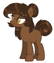 Size: 1517x1767 | Tagged: safe, artist:sinamuna, derpibooru import, oc, oc only, oc:reese dream, earth pony, pony, au:equuis, base used, brown hair, golden eyes, hair bun, heterochromia, orange eyes, redesign, simple background, smiling, solo, tail, tail bun, transparent background