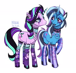 Size: 2107x2018 | Tagged: safe, artist:peachmichea, derpibooru import, starlight glimmer, trixie, pony, unicorn, g4, black eyeshadow, blue eyeshadow, choker, clothes, duo, duo female, eyeshadow, female, horn, jewelry, lidded eyes, looking at each other, looking at someone, makeup, mare, necklace, open mouth, open smile, ponymania, raised hoof, raised leg, simple background, smiling, standing, stockings, striped horn, thigh highs, white background