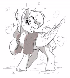 Size: 3710x4096 | Tagged: safe, artist:opalacorn, derpibooru import, oc, oc only, pegasus, pony, commission, grayscale, grin, male, monochrome, simple background, smiling, solo, sparkles, stallion, towel, unshorn fetlocks, wet, white background