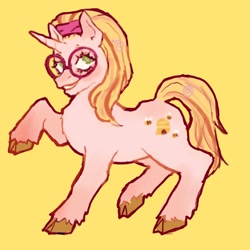 Size: 2048x2048 | Tagged: safe, artist:stellarphileistic, derpibooru import, honey lemon, pony, unicorn, g4, blushing, cloven hoves, ear blush, female, glasses, gradient hooves, green eyes, headband, looking away, mare, multicolored eyes, multicolored mane, multicolored tail, nose blush, raised hoof, raised leg, round glasses, simple background, smiling, solo, standing, straight mane, straight tail, tail, unshorn fetlocks, wingding eyes, yellow background