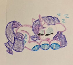 Size: 2048x1830 | Tagged: safe, artist:pink-pone, derpibooru import, rarity, unicorn, g4, colored hooves, crayon drawing, cutie mark, eyelashes, eyes closed, eyeshadow, female, horn, lying down, makeup, mare, onomatopoeia, open mouth, purple mane, purple tail, shiny hoof, sleeping, solo, sound effects, tail, traditional art, wavy mane, wavy tail, zzz