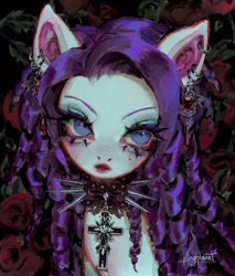 Size: 1748x2048 | Tagged: safe, artist:p0nyplanet, derpibooru import, rarity, pony, g4, abstract background, blue eyes, bow, braid, collar, colored ears, cross, ear piercing, earring, eyebrows, eyelashes, eyeshadow, female, flower, goth, jewelry, lipstick, makeup, mare, missing horn, mole, piercing, purple hair, red lipstick, rose, signature, solo, spiked collar