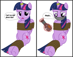 Size: 2131x1654 | Tagged: safe, artist:cardshark777, derpibooru import, twilight sparkle, twilight sparkle (alicorn), alicorn, pony, g4, 2 panel comic, bondage, bound and gagged, comic, dialogue, digital art, duct tape, female, gag, helpless, hooves behind back, horn, horn ring, levitation, looking at you, looking down, magic, magic suppression, mare, muffled words, ring, rope, rope bondage, simple background, sitting, solo, speech bubble, talking, talking to viewer, tape, tape gag, telekinesis, text, tied up, transparent background