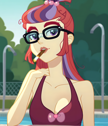 Size: 2800x3264 | Tagged: safe, ai content, derpibooru import, generator:pony diffusion v6 xl, generator:stable diffusion, machine learning generated, moondancer, human, equestria girls, g4, breasts, clothes, equestria girls-ified, glasses, looking at you, one-piece swimsuit, open mouth, poolside, prompter:thismaybeyou, shoulderless, show accurate, smoking, solo, swimming pool, swimsuit