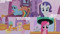 Size: 2000x1125 | Tagged: safe, derpibooru import, edit, edited screencap, editor:quoterific, screencap, applejack, fluttershy, pinkie pie, rainbow dash, rarity, g4, the best night ever, hair dryer, lying down, ponyloaf, prone, spit, stool