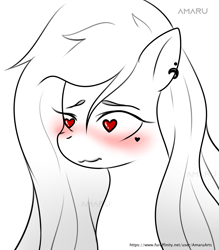 Size: 1900x2171 | Tagged: safe, artist:amaruarts, derpibooru import, oc, oc only, pony, blushing, bust, ear piercing, heart, heart eyes, high res, partial color, piercing, portrait, solo, wingding eyes