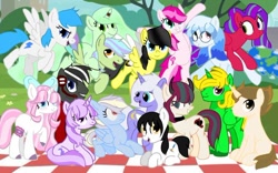 Size: 734x457 | Tagged: safe, derpibooru import, oc, oc:altersmay earth, alicorn, earth pony, pegasus, pony, unicorn, bow, colored hooves, colored wings, female, flying, glasses, grin, hair bow, headphones, horn, looking at each other, looking at someone, looking at you, male, mare, older, older altersmay earth, open mouth, picnic blanket, planet ponies, ponified, round glasses, sitting, smiling, smiling at you, species swap, unnamed oc, wings