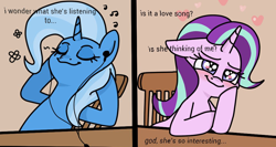 Size: 1000x532 | Tagged: safe, artist:pr0ject_001, derpibooru import, edit, starlight glimmer, trixie, pony, unicorn, g4, blushing, chair, cropped, duo, female, flower, headphones, headset, heart, heart eyes, hoof on chin, hooves behind head, lesbian, mare, microphone, music, music notes, shipping, sitting, smiling, startrix, table, wingding eyes