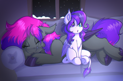 Size: 3489x2294 | Tagged: safe, artist:witchtaunter, derpibooru import, pony, commission, cute, fangs, female, filly, foal, sitting, sleeping, snow, sofa