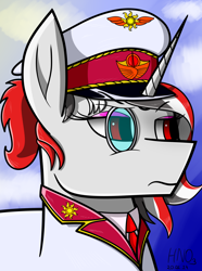 Size: 2496x3360 | Tagged: safe, artist:hno3, derpibooru import, oc, oc only, oc:red rocket, unicorn, equestria at war mod, bust, clothes, eyeshadow, general, gradient background, makeup, military, military uniform, monocle, portrait, red eyes, serious, solar empire, uniform, uniform hat