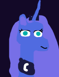 Size: 230x300 | Tagged: safe, artist:goofyartist4451, derpibooru import, princess luna, alicorn, g4, 1000 hours in ms paint, blue eyes, crown, dark background, ear fluff, ears, goofy, horn, jewelry, long horn, regalia, simple background, smiling