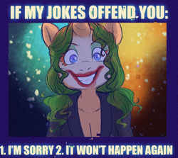 Size: 950x848 | Tagged: safe, artist:amordidas, derpibooru import, oc, oc only, oc:bally, anthro, unicorn, caption, clown makeup, dc comics, female, grin, image macro, looking at you, smiling, society, solo, text, the joker